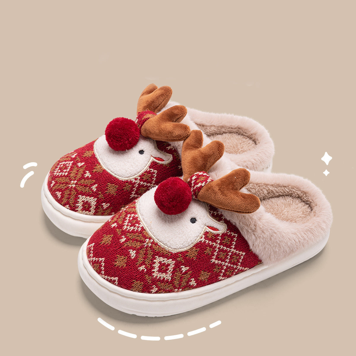 Cute Christmas Elk Plush Slippers - Winter Ins Fashion - Non-Slip Home Slippers For Women And Men - Fuzzy House Shoes