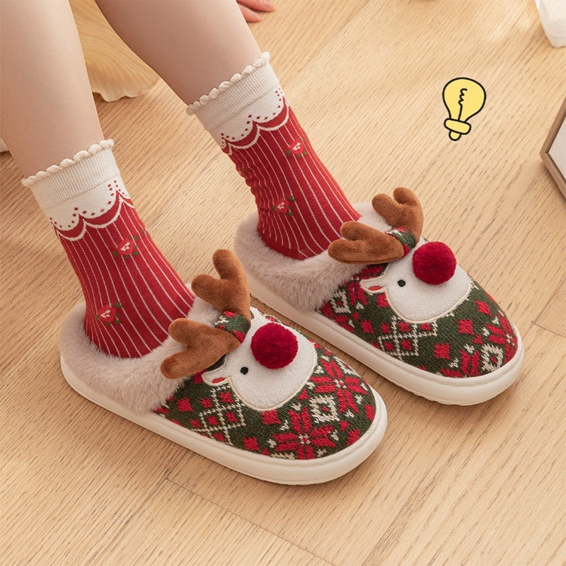 Cute Christmas Elk Plush Slippers - Winter Ins Fashion - Non-Slip Home Slippers For Women And Men - Fuzzy House Shoes