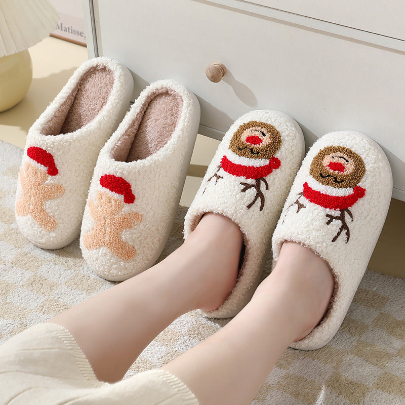 Christmas Home Slippers - Cute Cartoon Santa Claus Cotton Slippers For Women And Men - Winter Warm Furry Shoes