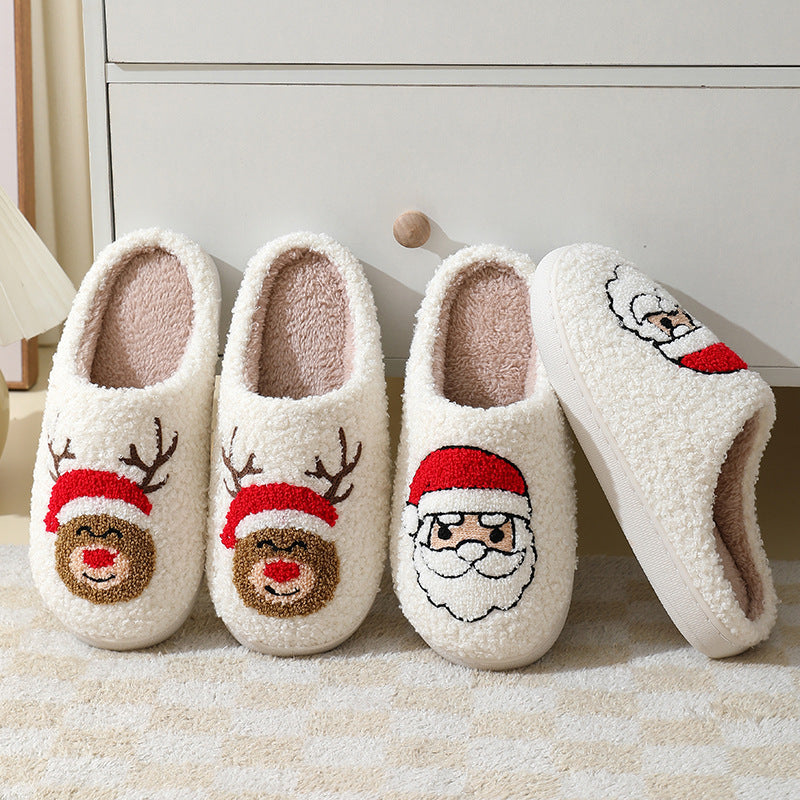 Christmas Home Slippers - Cute Cartoon Santa Claus Cotton Slippers For Women And Men - Winter Warm Furry Shoes