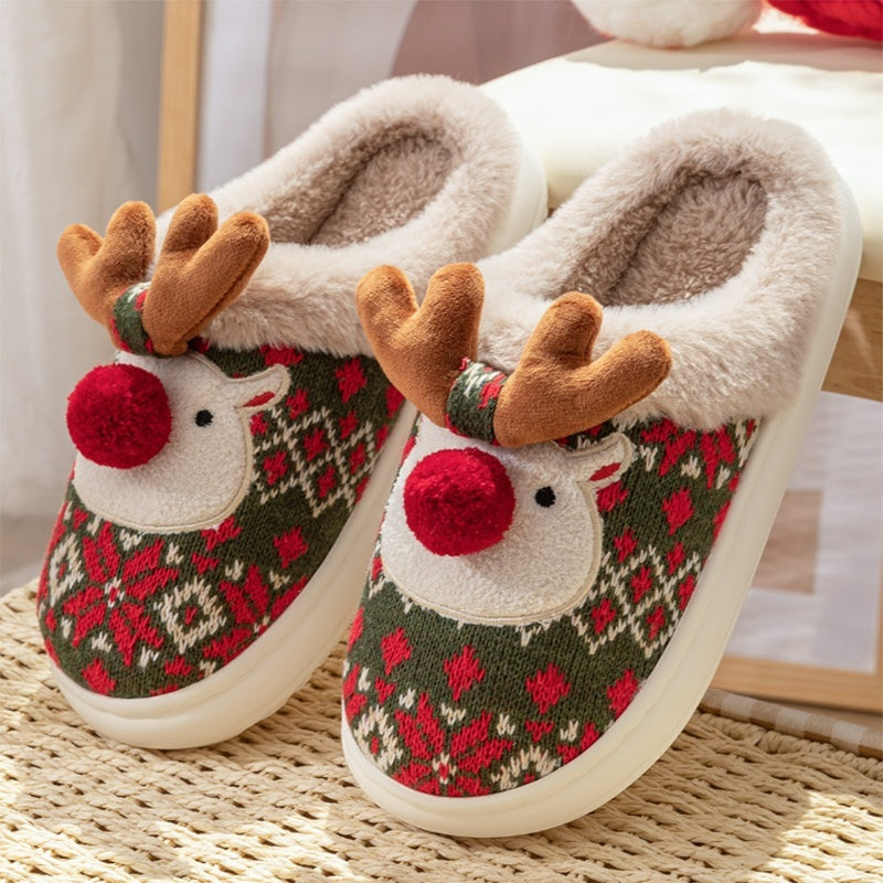 Cute Christmas Elk Plush Slippers - Winter Ins Fashion - Non-Slip Home Slippers For Women And Men - Fuzzy House Shoes