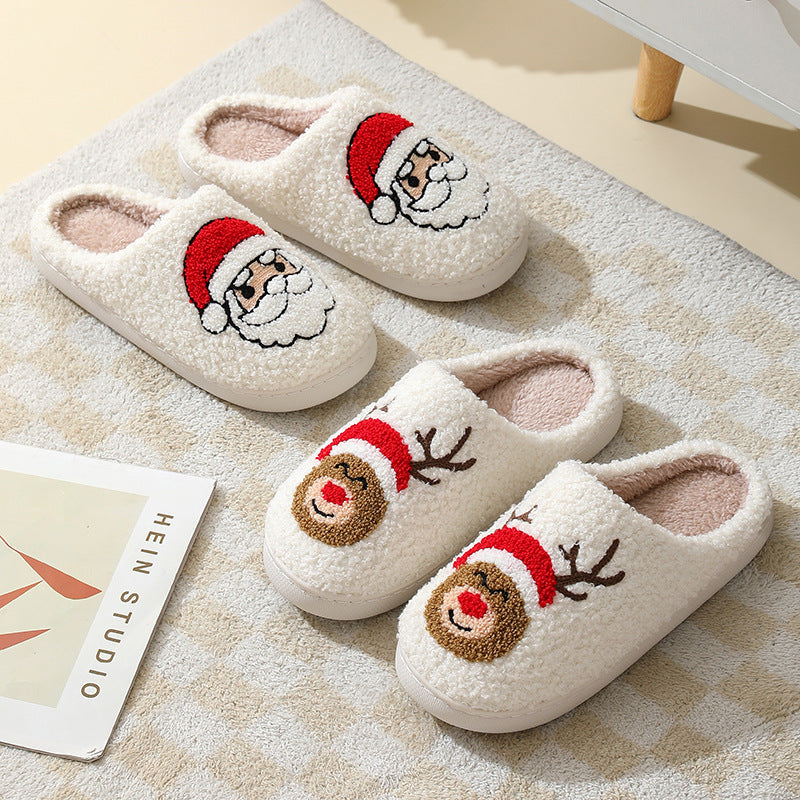 Christmas Home Slippers - Cute Cartoon Santa Claus Cotton Slippers For Women And Men - Winter Warm Furry Shoes